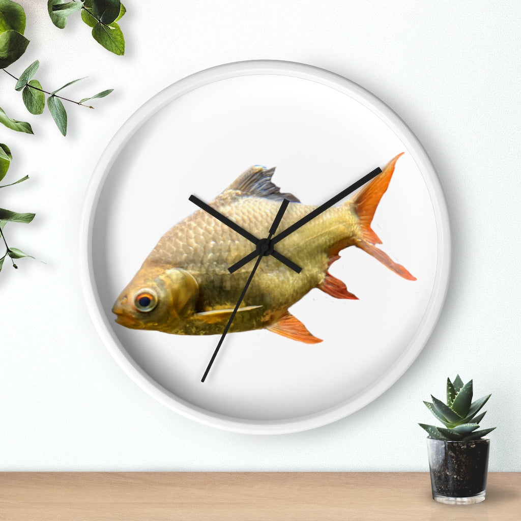 A vibrant orange fish wall clock with a wooden frame and plexiglass face, showcasing a unique design perfect for indoor decor.