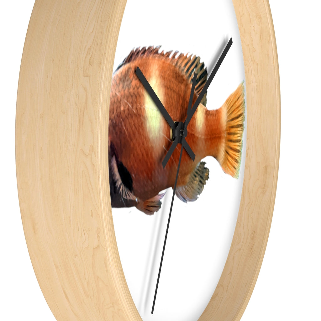 Vibrant orange fish wall clock with wooden frame and plexiglass face, perfect for indoor decor.