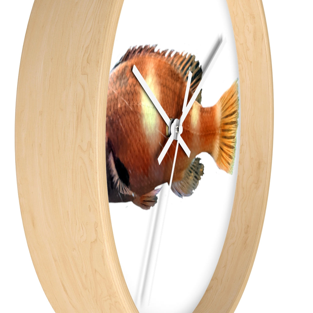 Vibrant orange fish wall clock with wooden frame and plexiglass face, perfect for indoor decor.