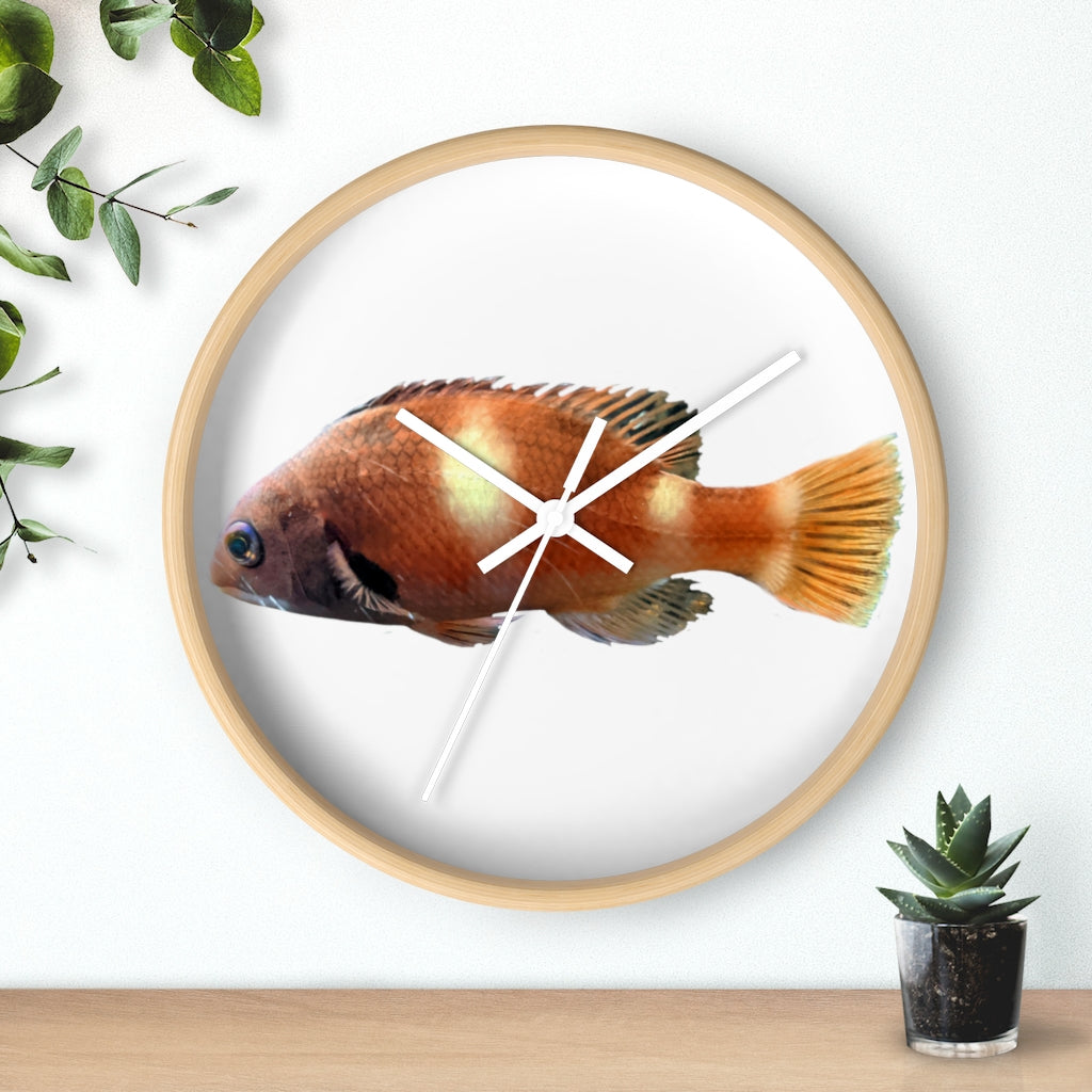 Vibrant orange fish wall clock with wooden frame and plexiglass face, perfect for indoor decor.