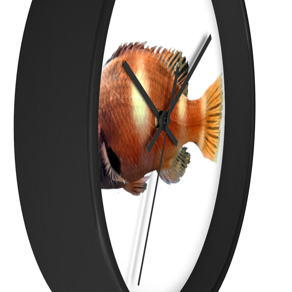 Vibrant orange fish wall clock with wooden frame and plexiglass face, perfect for indoor decor.