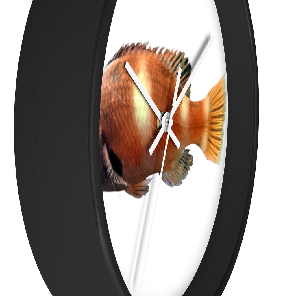 Vibrant orange fish wall clock with wooden frame and plexiglass face, perfect for indoor decor.