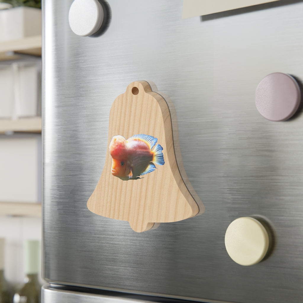 A set of Orange Fish Wooden Christmas Ornaments featuring whimsical shapes, solid wood construction, and red ribbons for hanging.