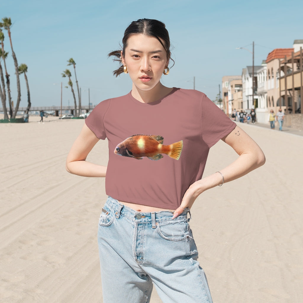 Orange Fish Women's Flowy Cropped Tee featuring a soft fabric blend and a stylish modest crop design.