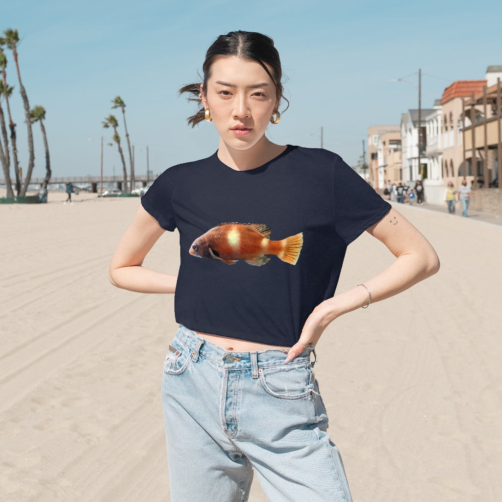 Orange Fish Women's Flowy Cropped Tee featuring a soft fabric blend and a stylish modest crop design.