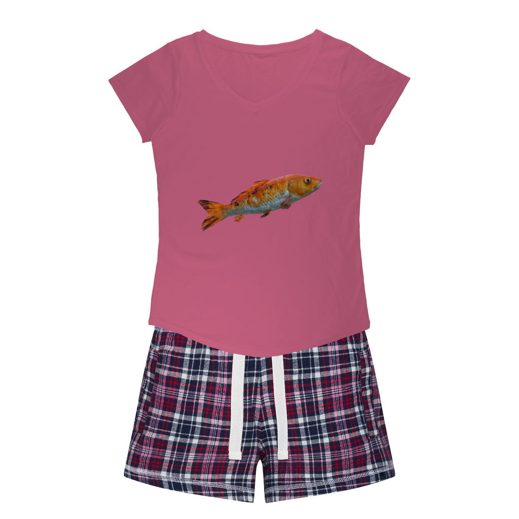 Orange Fish Women's Sleepy Tee and Flannel Short set featuring a relaxed fit T-shirt and vibrant flannel shorts, perfect for cozy nights.