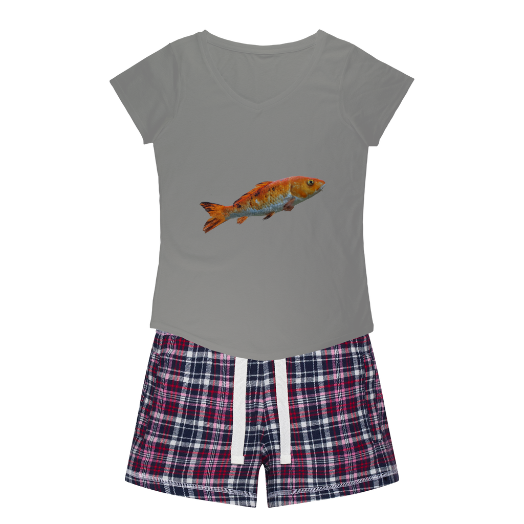 Orange Fish Women's Sleepy Tee and Flannel Short set featuring a relaxed fit T-shirt and vibrant flannel shorts, perfect for cozy nights.