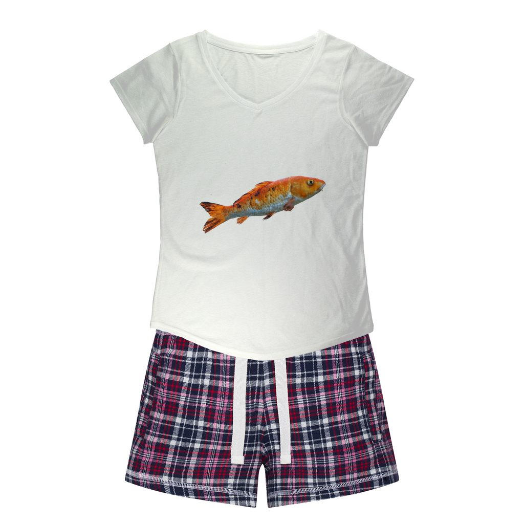 Orange Fish Women's Sleepy Tee and Flannel Short set featuring a relaxed fit T-shirt and vibrant flannel shorts, perfect for cozy nights.