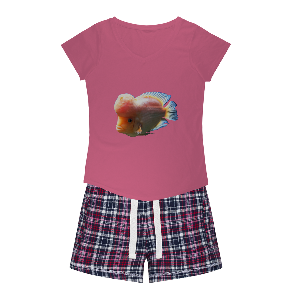 Orange Fish Women's Sleepy Tee and Flannel Short set featuring a relaxed fit T-shirt and vibrant flannel shorts, perfect for cozy nights.