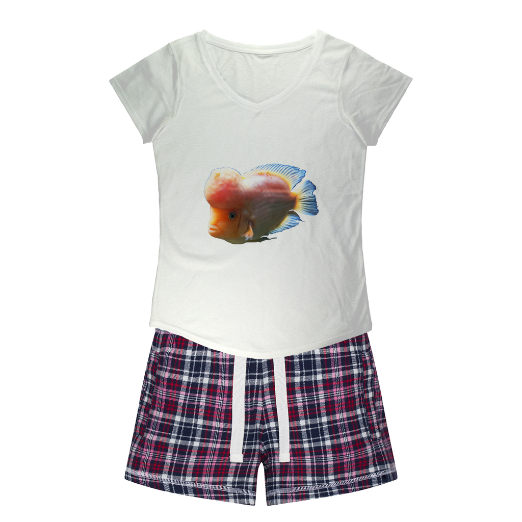 Orange Fish Women's Sleepy Tee and Flannel Short set featuring a relaxed fit T-shirt and vibrant flannel shorts, perfect for cozy nights.