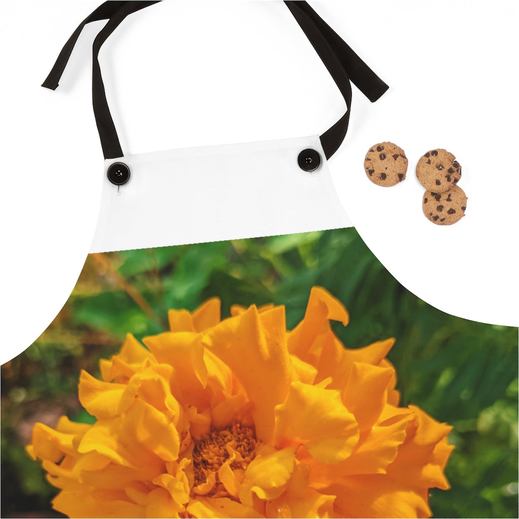 Orange Flower Apron with black detachable twill straps, showcasing a vibrant floral design.