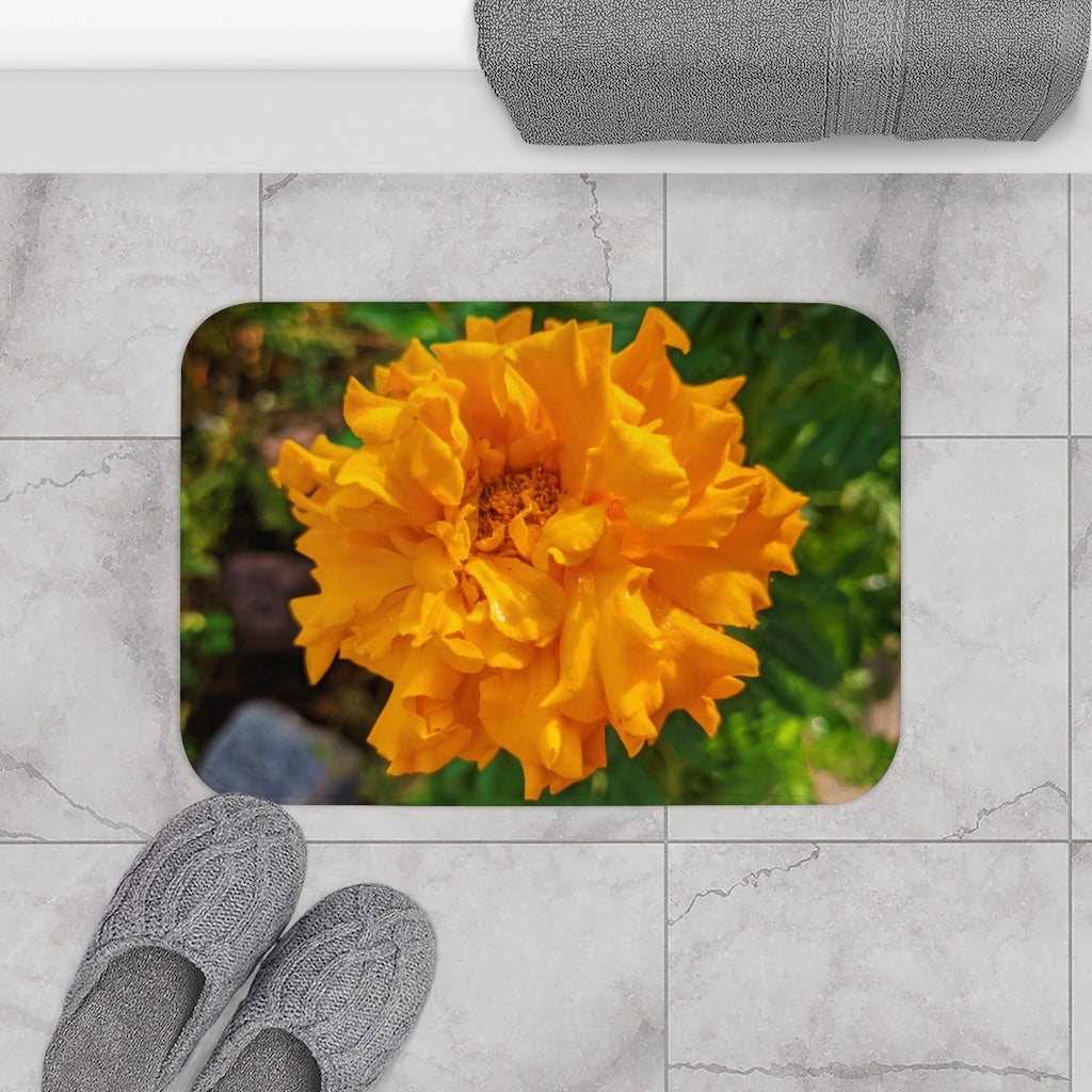 Orange Flower Bath Mat with anti-slip backing and vibrant floral design, perfect for bathroom decor.