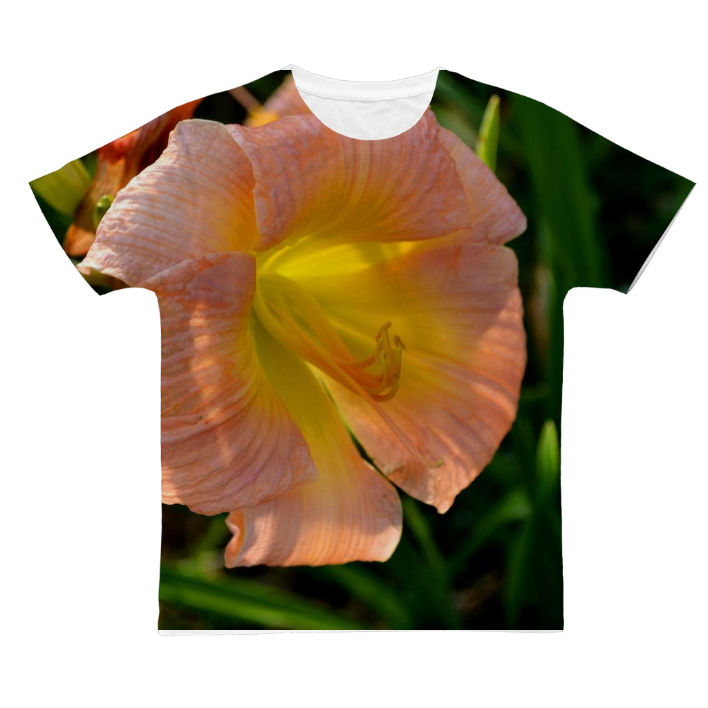 Orange Flower Classic Sublimation Adult T-Shirt featuring vibrant floral design on a soft polyester fabric.