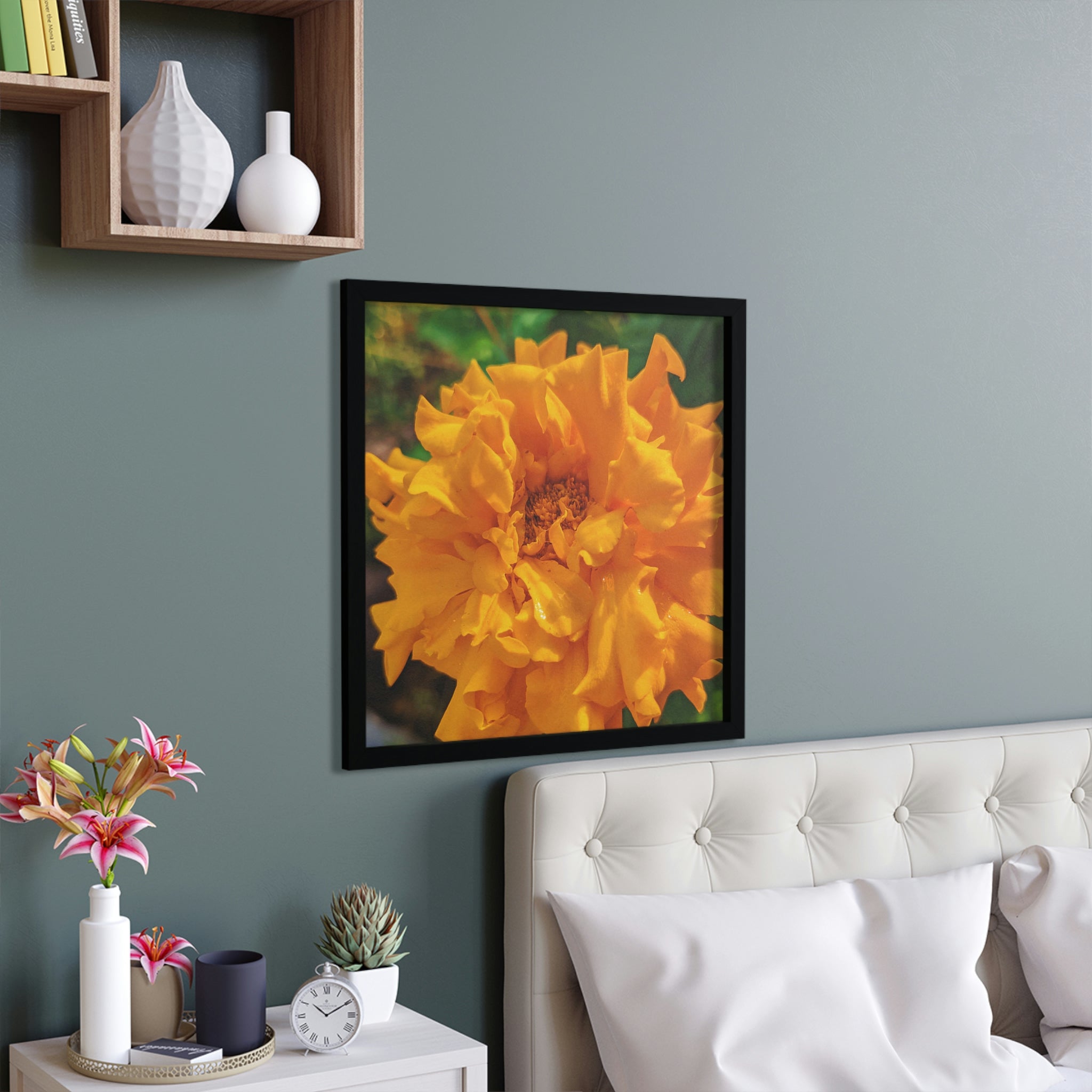 A beautifully framed Orange Flower poster with a hand-crafted wooden frame, showcasing vibrant colors and intricate details.