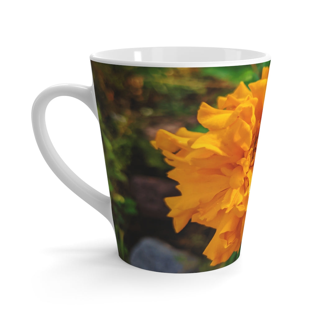 Orange Flower Latte Mug with vibrant floral design and C-handle, perfect for coffee lovers.