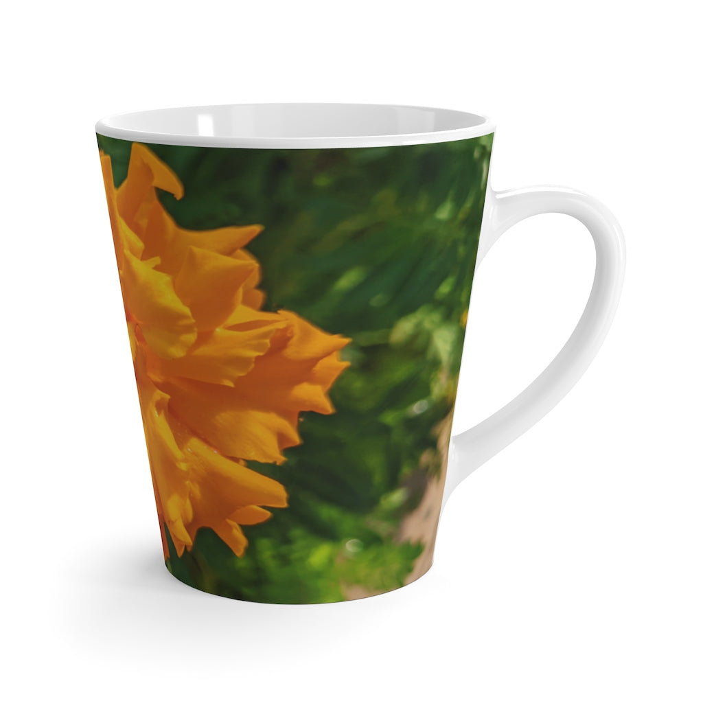 Orange Flower Latte Mug with vibrant floral design and C-handle, perfect for coffee lovers.