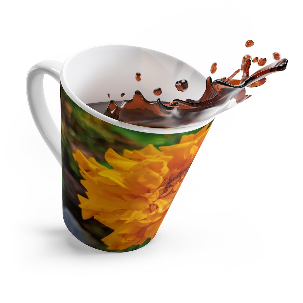 Orange Flower Latte Mug with vibrant floral design and C-handle, perfect for coffee lovers.