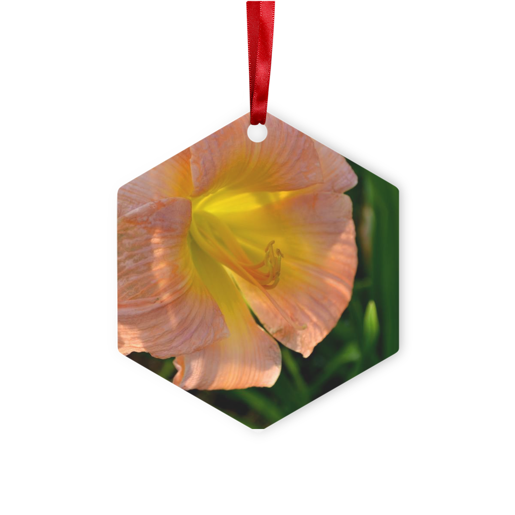 Orange Flower Metal Hanging Ornament in hexagon and star shapes, featuring a glossy white finish and red ribbon for hanging.