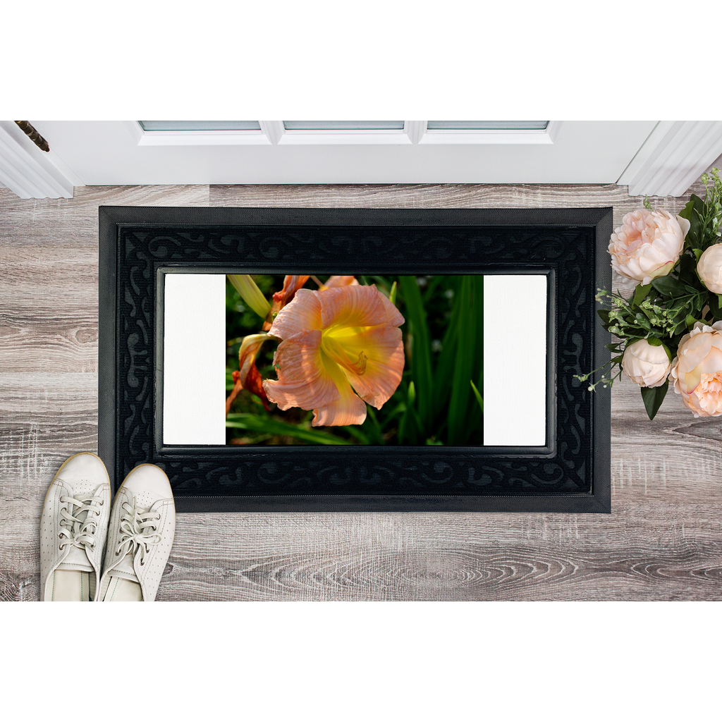 Orange Flower Sublimation Heavy Duty Door Mat with a non-slip rubber base and removable fabric center, showcasing a vibrant floral design.