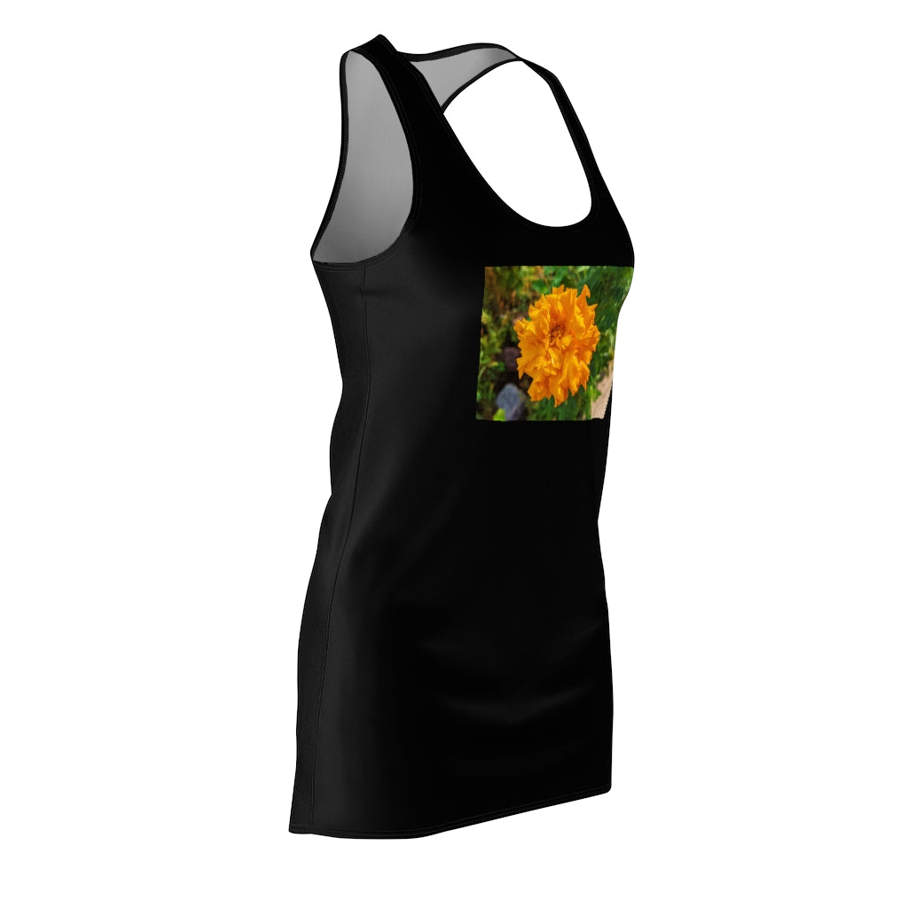 A stylish Orange Flower Women's Cut & Sew Racerback Dress featuring a vibrant floral pattern and a sporty fit, perfect for casual outings.