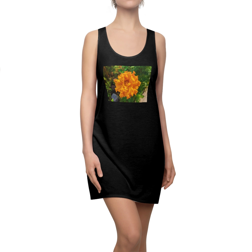 A stylish Orange Flower Women's Cut & Sew Racerback Dress featuring a vibrant floral pattern and a sporty fit, perfect for casual outings.