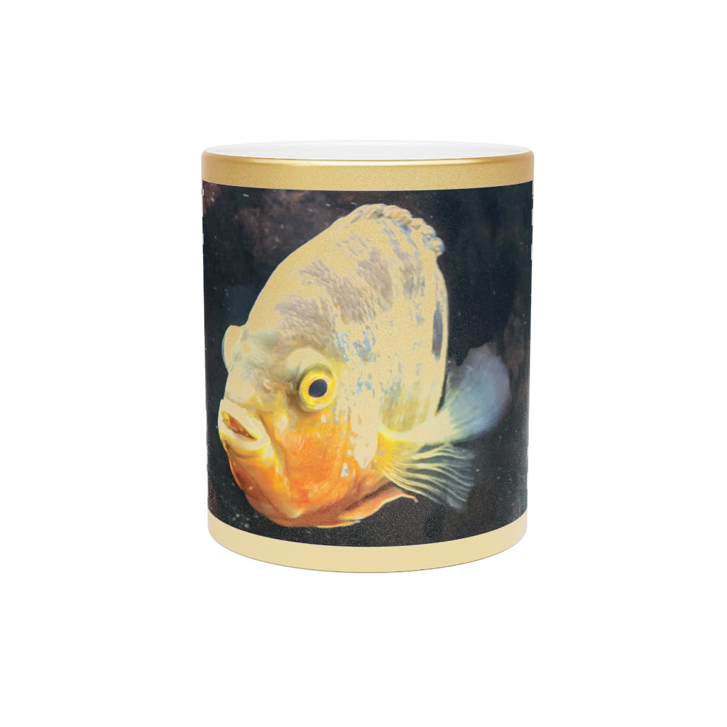 Orange Grey Fish Metallic Mug with Gold and Silver coating, featuring a personalized design option and a comfortable C-handle.