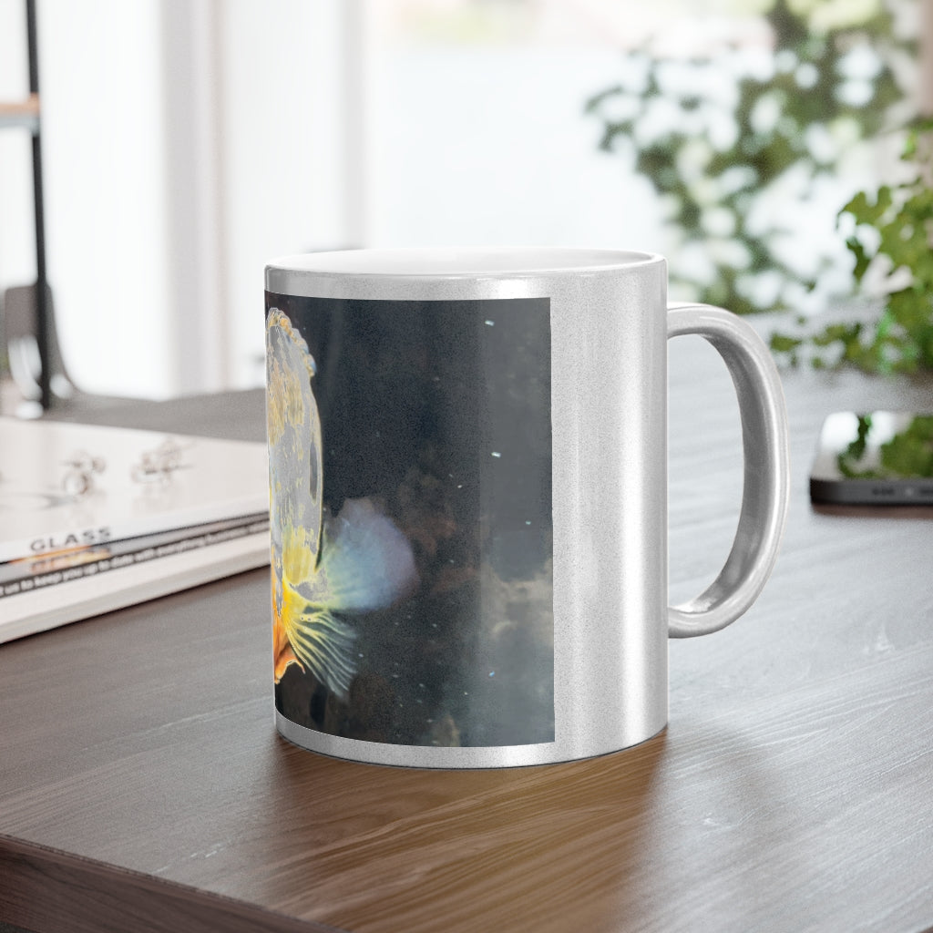 Orange Grey Fish Metallic Mug with Gold and Silver coating, featuring a personalized design option and a comfortable C-handle.