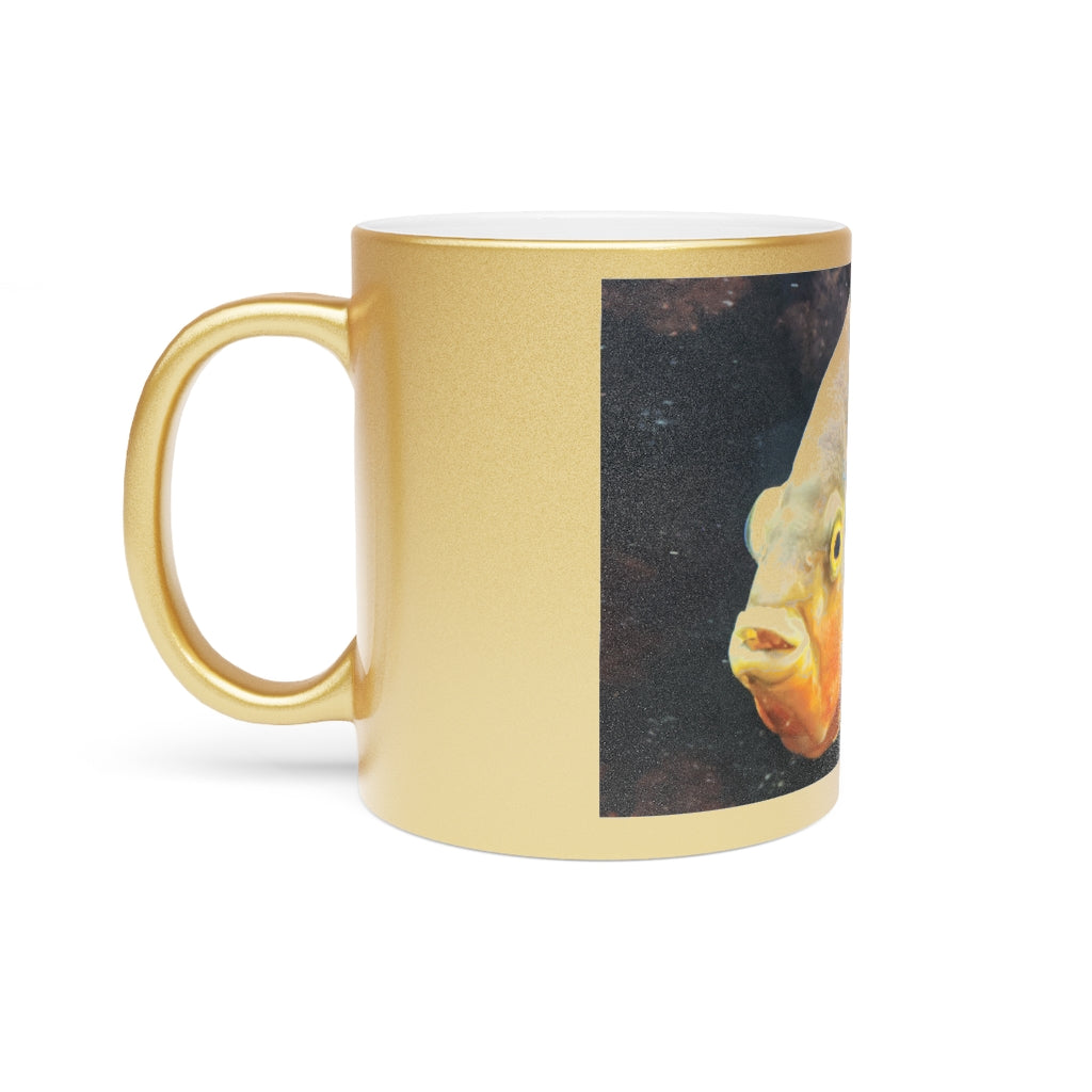 Orange Grey Fish Metallic Mug with Gold and Silver coating, featuring a personalized design option and a comfortable C-handle.