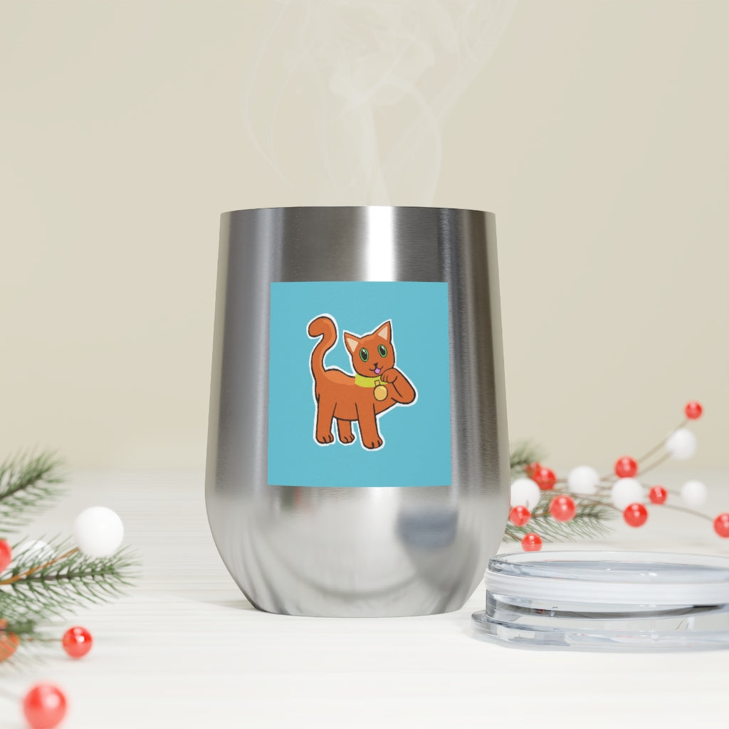 Orange Kitty 12oz insulated wine tumbler with a clear lid, showcasing a vibrant design and stainless steel body.