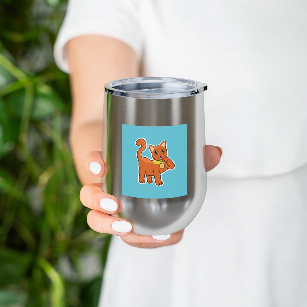 Orange Kitty 12oz insulated wine tumbler with a clear lid, showcasing a vibrant design and stainless steel body.