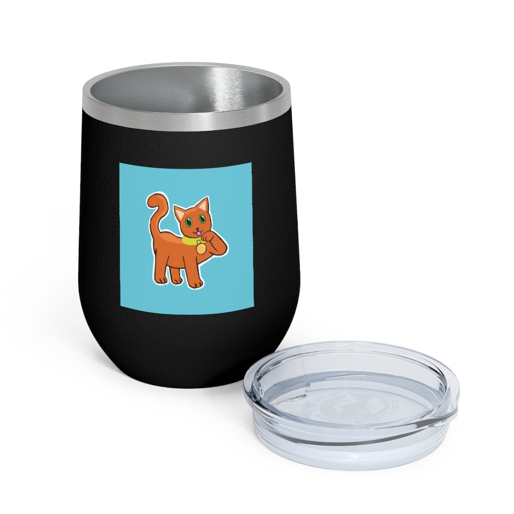 Orange Kitty 12oz insulated wine tumbler with a clear lid, showcasing a vibrant design and stainless steel body.