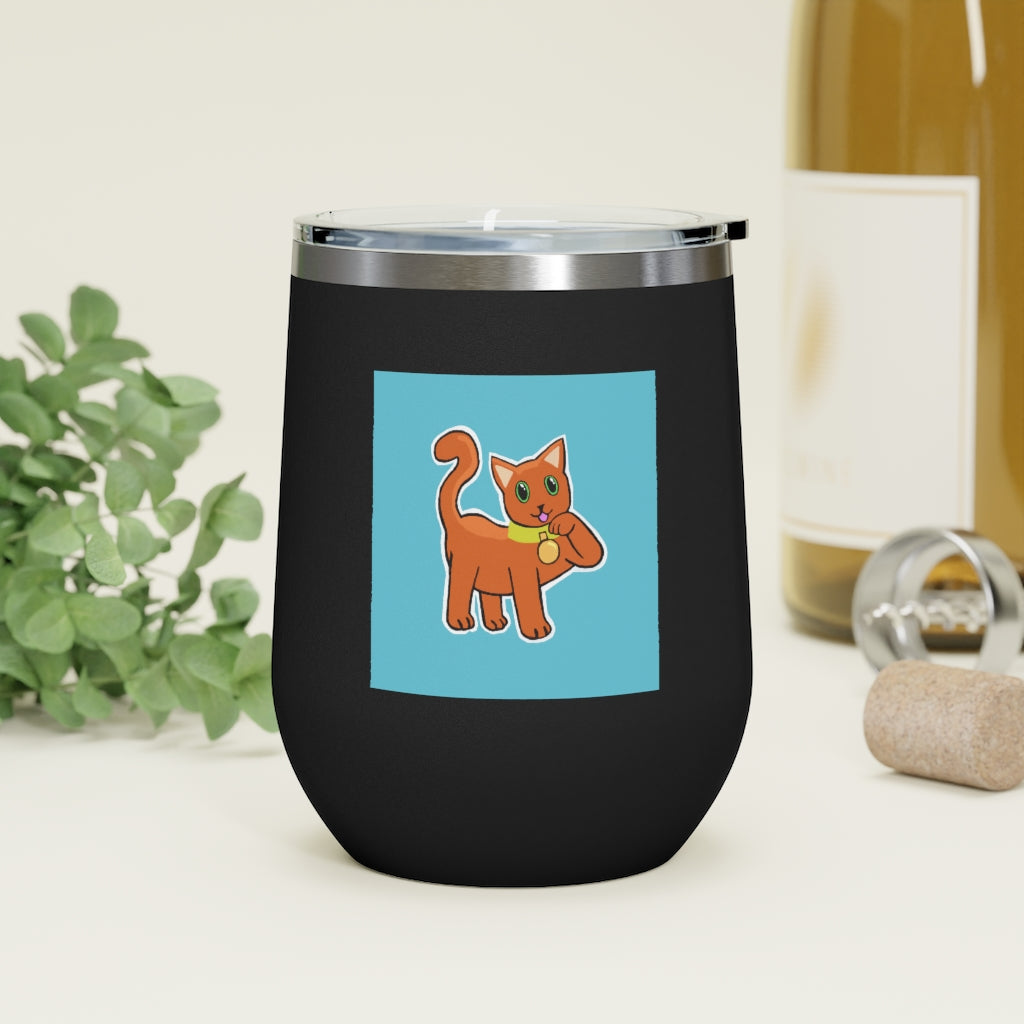 Orange Kitty 12oz insulated wine tumbler with a clear lid, showcasing a vibrant design and stainless steel body.