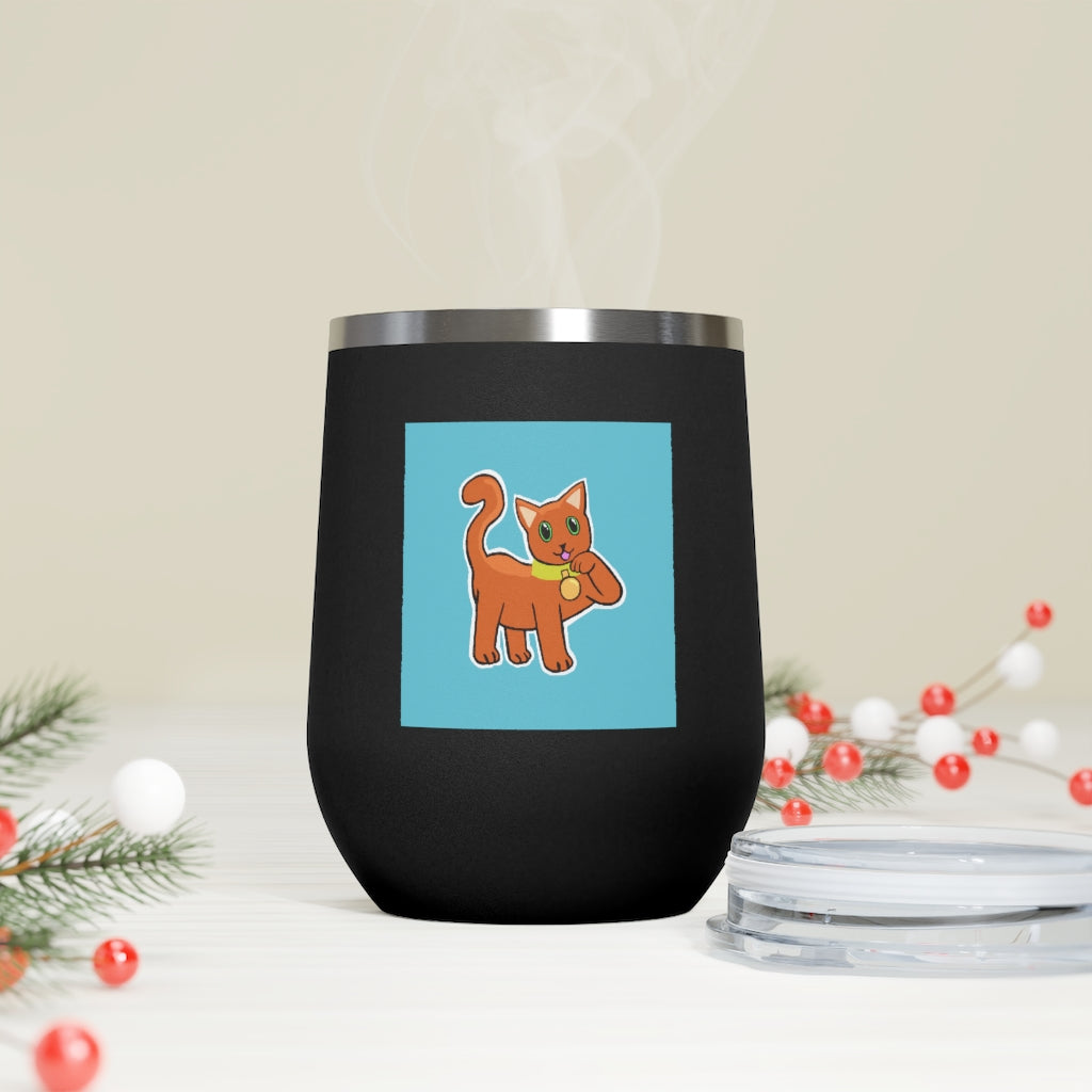 Orange Kitty 12oz insulated wine tumbler with a clear lid, showcasing a vibrant design and stainless steel body.