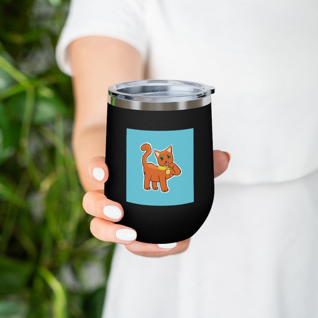 Orange Kitty 12oz insulated wine tumbler with a clear lid, showcasing a vibrant design and stainless steel body.