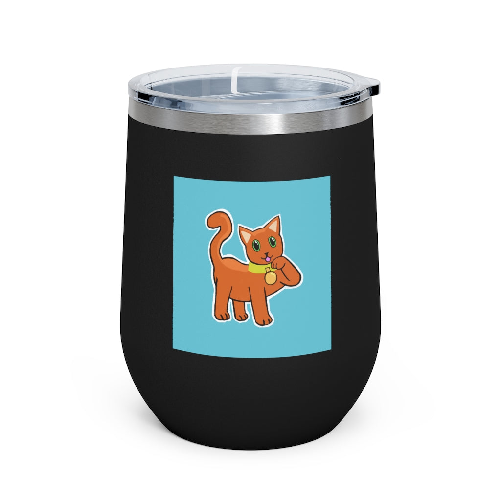 Orange Kitty 12oz insulated wine tumbler with a clear lid, showcasing a vibrant design and stainless steel body.