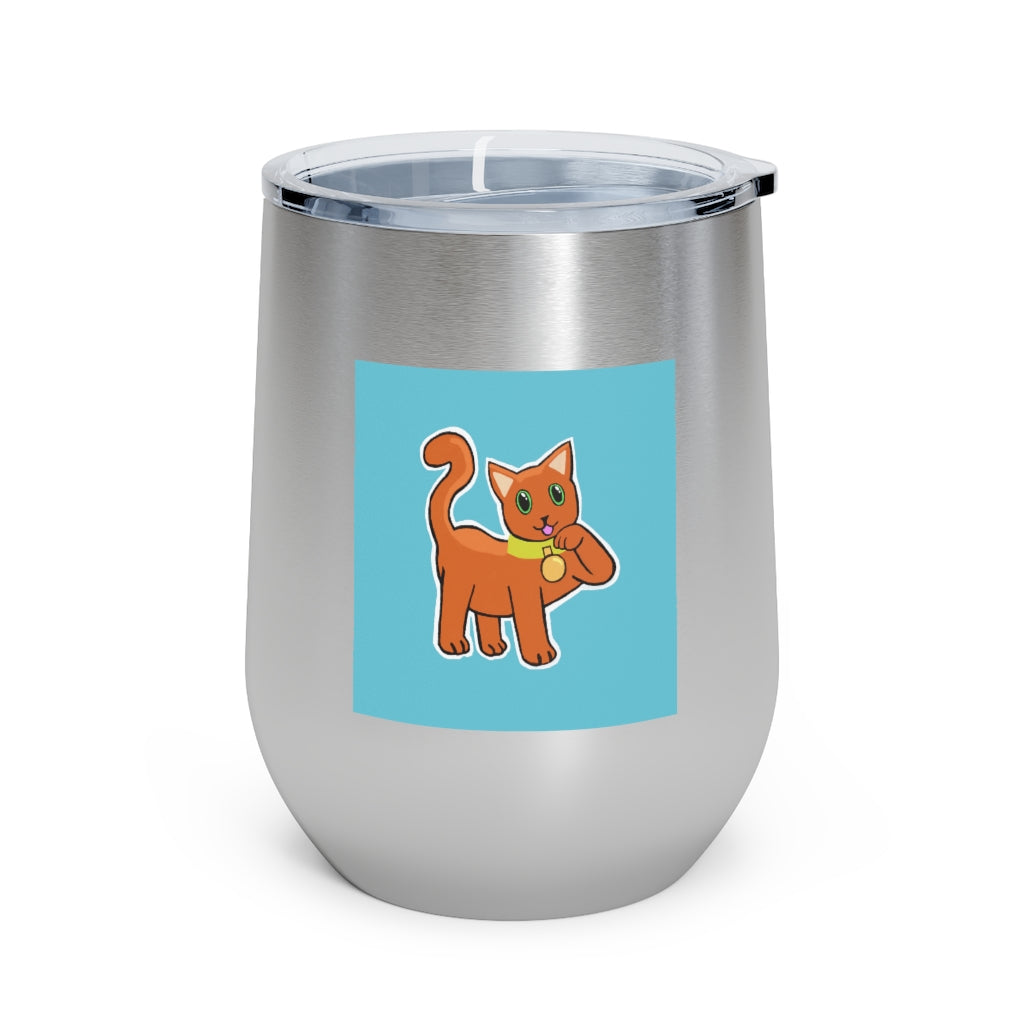 Orange Kitty 12oz insulated wine tumbler with a clear lid, showcasing a vibrant design and stainless steel body.