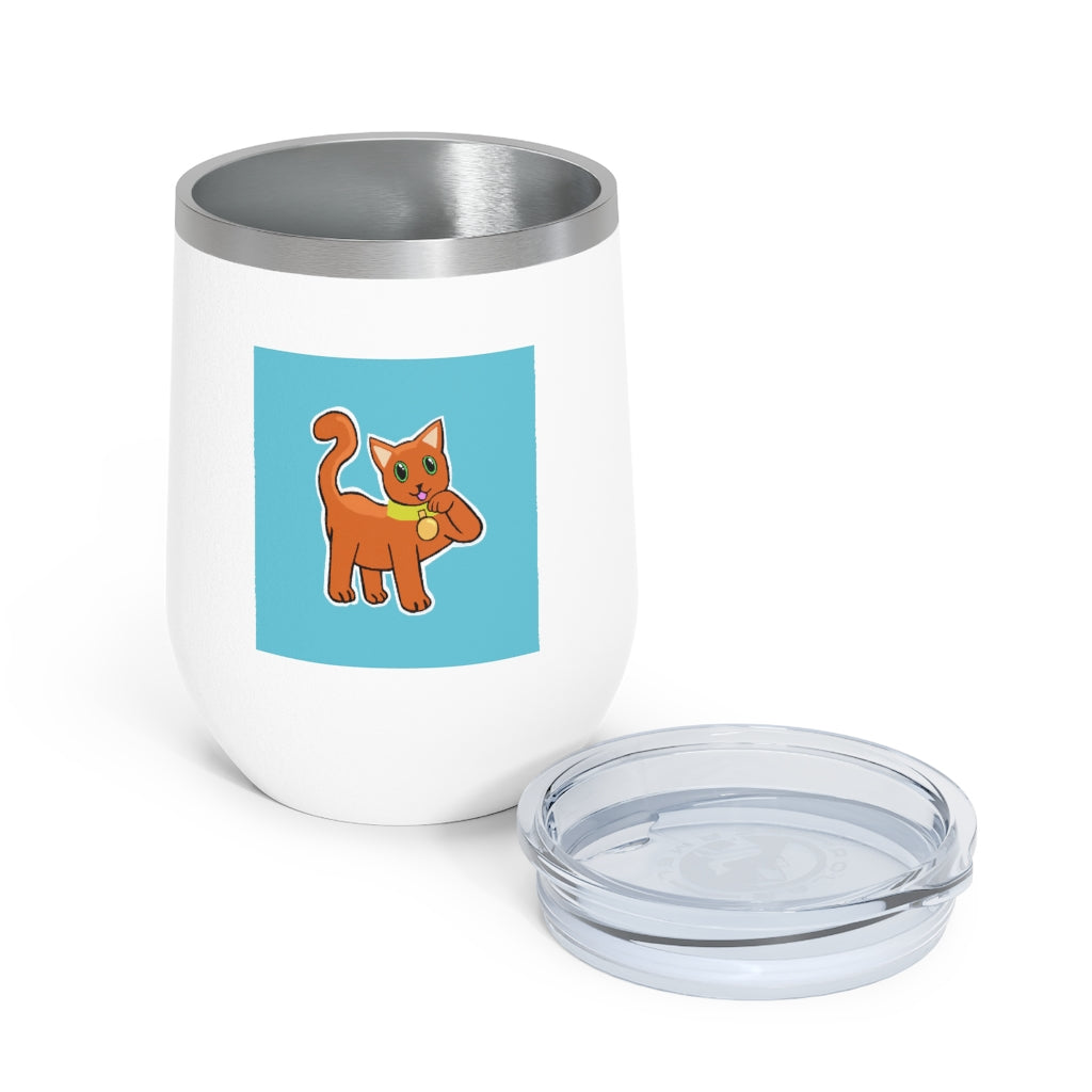 Orange Kitty 12oz insulated wine tumbler with a clear lid, showcasing a vibrant design and stainless steel body.