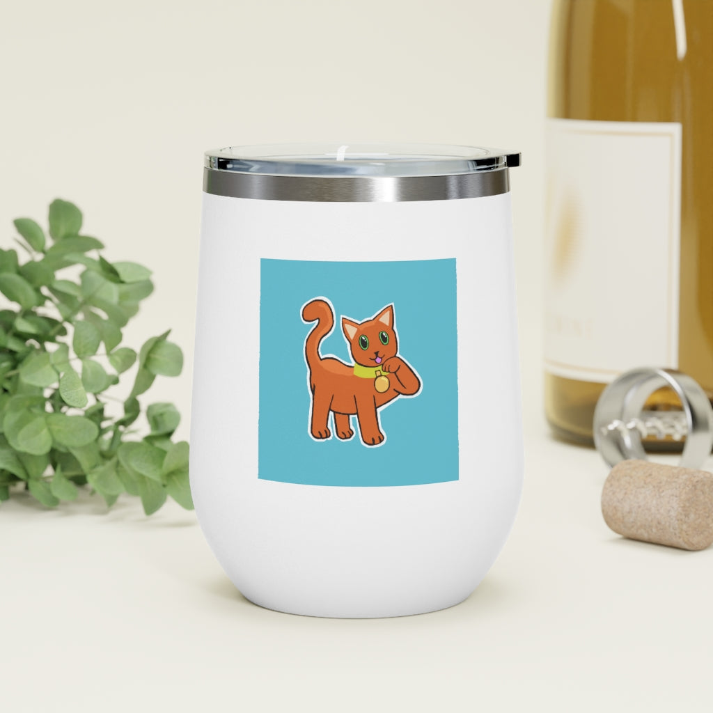 Orange Kitty 12oz insulated wine tumbler with a clear lid, showcasing a vibrant design and stainless steel body.