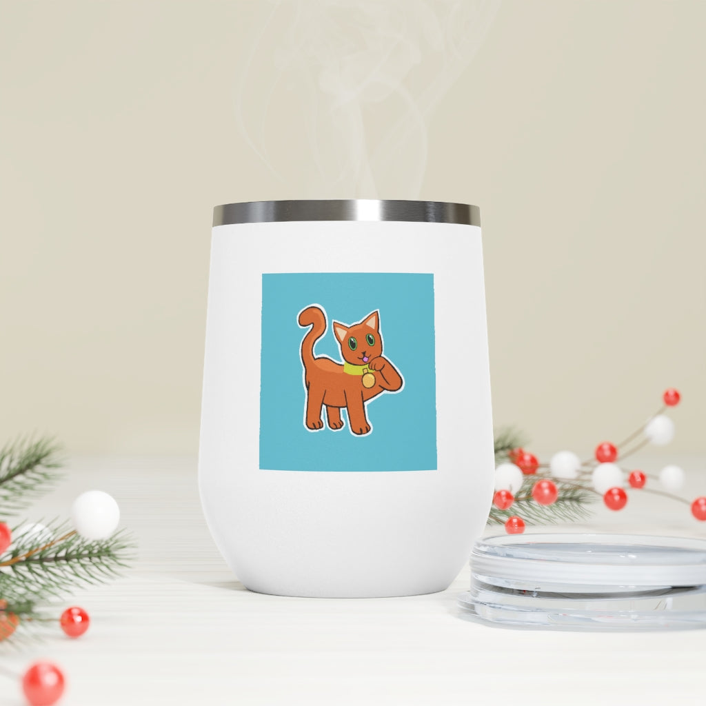 Orange Kitty 12oz insulated wine tumbler with a clear lid, showcasing a vibrant design and stainless steel body.