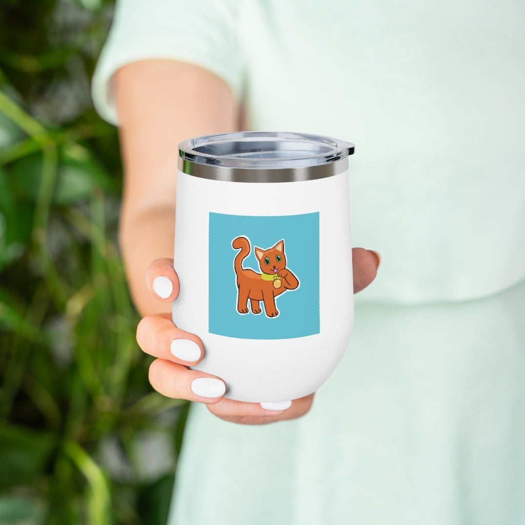 Orange Kitty 12oz insulated wine tumbler with a clear lid, showcasing a vibrant design and stainless steel body.