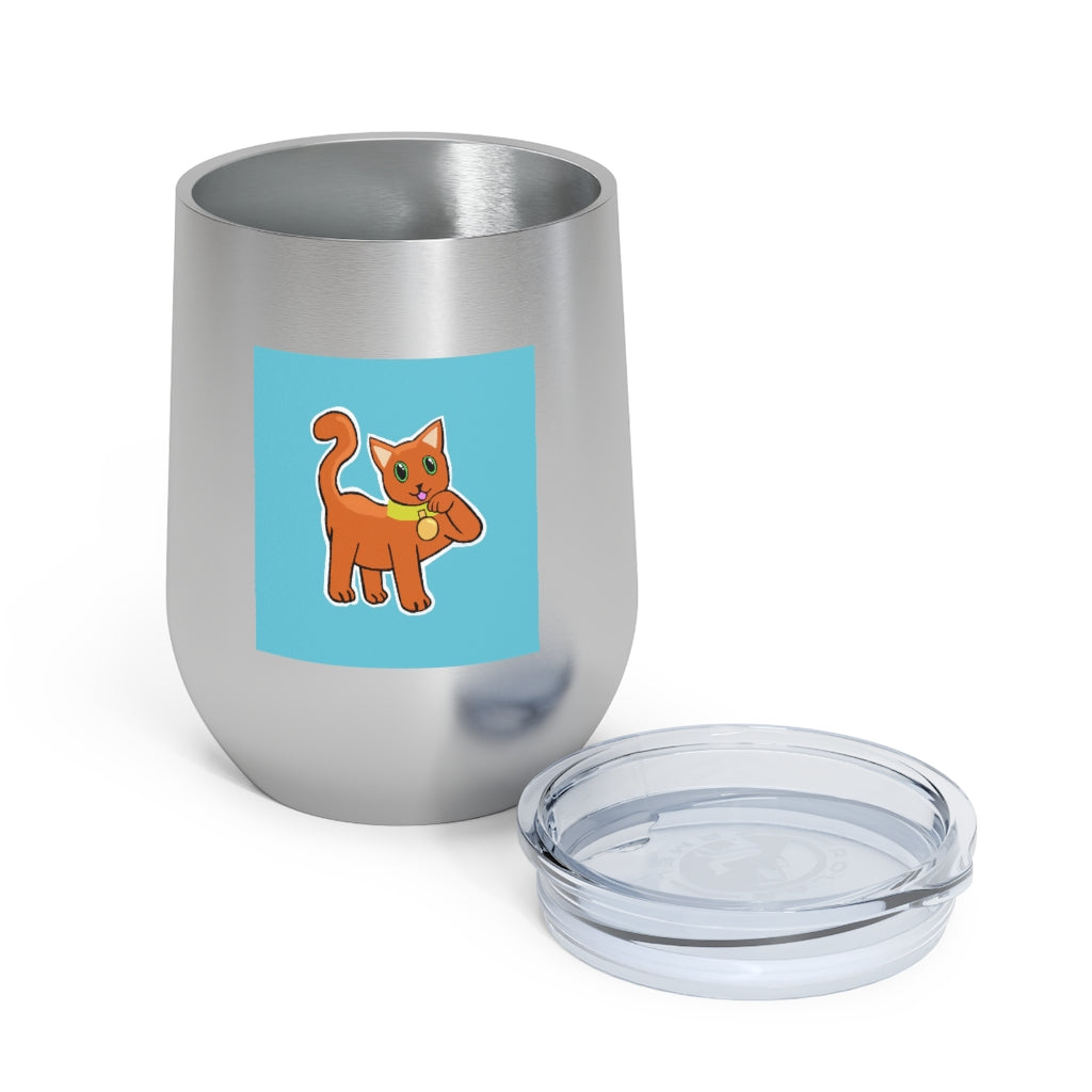 Orange Kitty 12oz insulated wine tumbler with a clear lid, showcasing a vibrant design and stainless steel body.