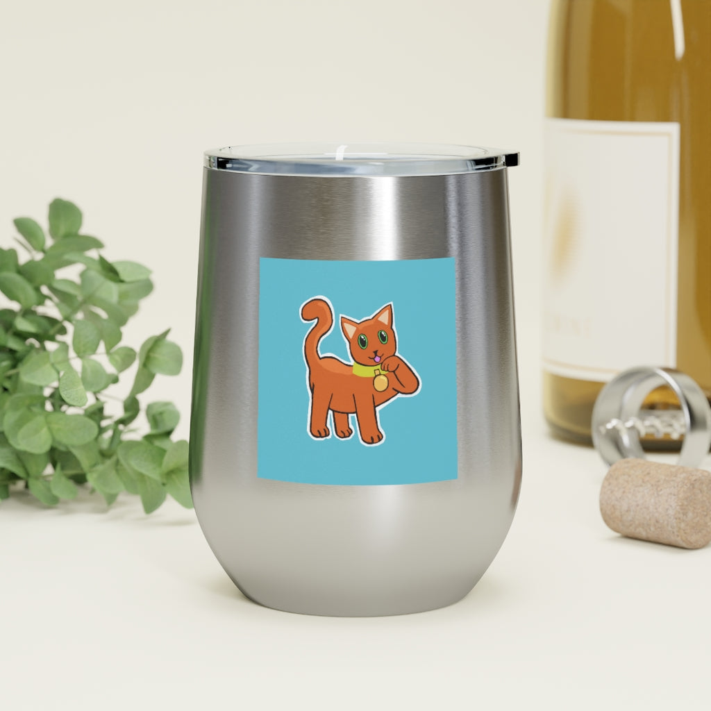 Orange Kitty 12oz insulated wine tumbler with a clear lid, showcasing a vibrant design and stainless steel body.