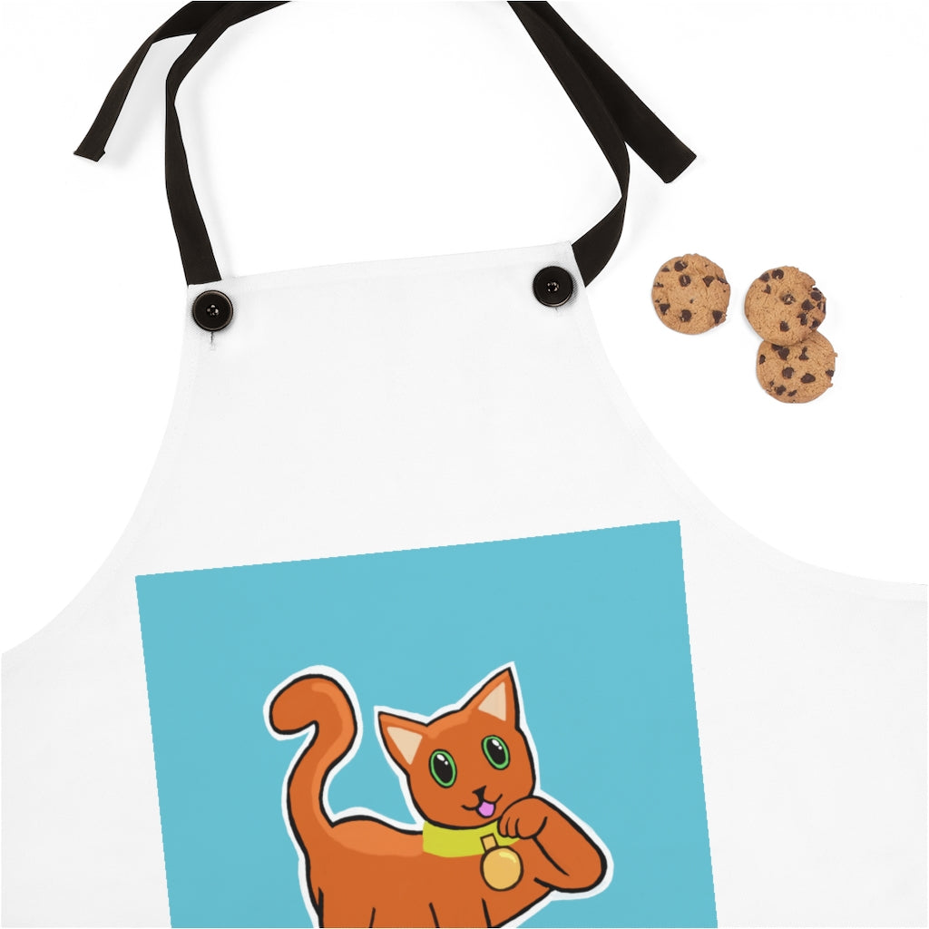 Orange Kitty Apron featuring a playful kitty design with black detachable twill straps, perfect for cooking and grilling.