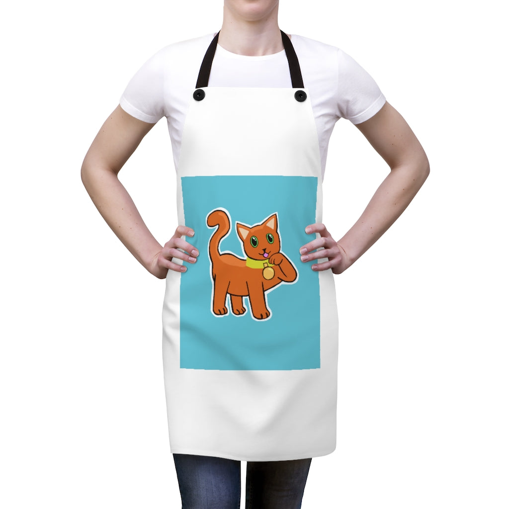 Orange Kitty Apron featuring a playful kitty design with black detachable twill straps, perfect for cooking and grilling.