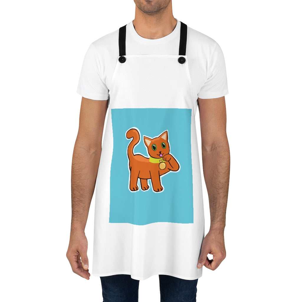 Orange Kitty Apron featuring a playful kitty design with black detachable twill straps, perfect for cooking and grilling.