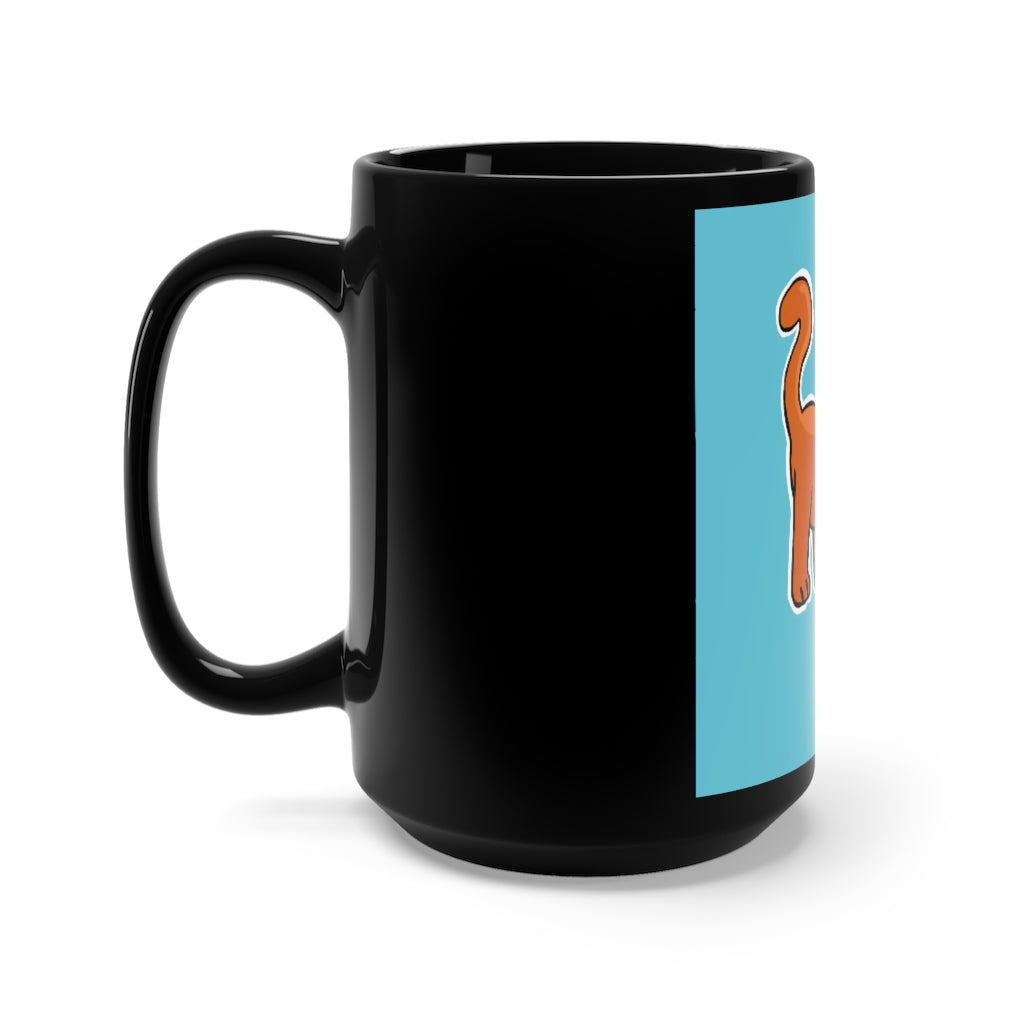 A stylish black ceramic mug featuring an orange kitty design, perfect for coffee and tea lovers, with a 15oz capacity.