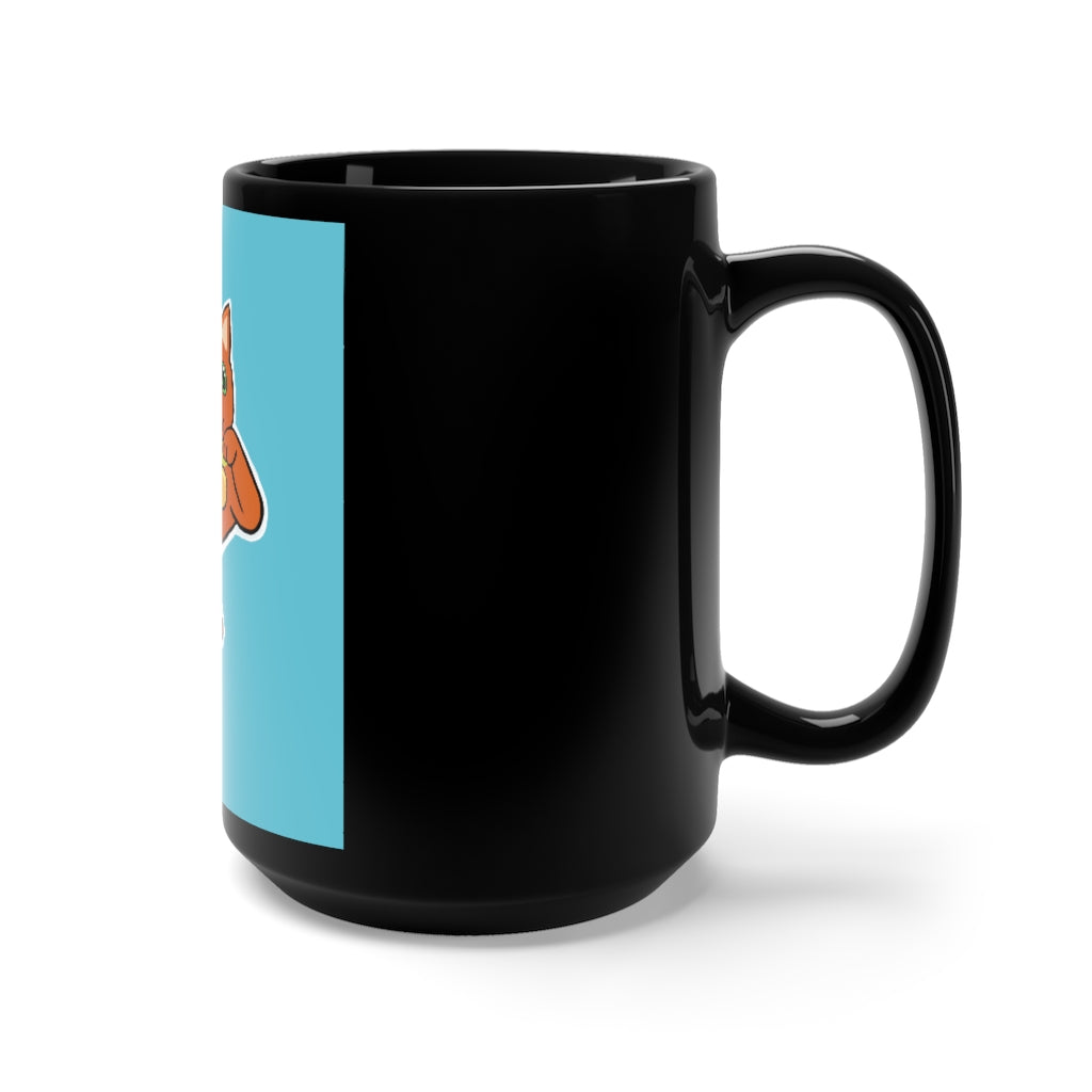 A stylish black ceramic mug featuring an orange kitty design, perfect for coffee and tea lovers, with a 15oz capacity.