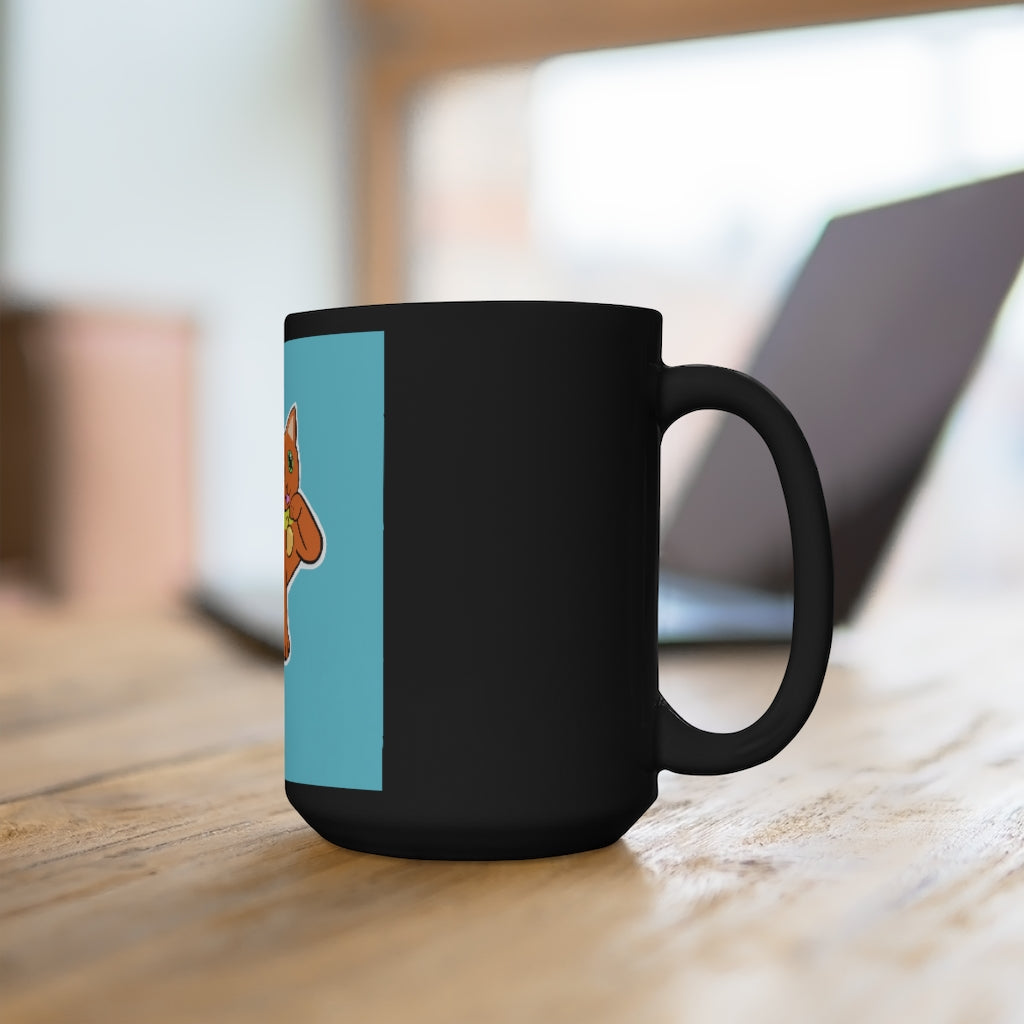 A stylish black ceramic mug featuring an orange kitty design, perfect for coffee and tea lovers, with a 15oz capacity.