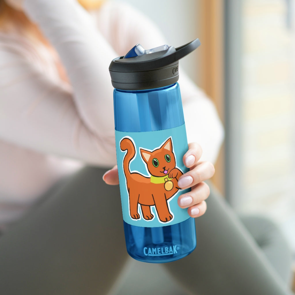 Orange Kitty CamelBak Eddy® Water Bottle in 20oz and 25oz sizes, featuring a spill-proof biting valve and easy-carry handle.