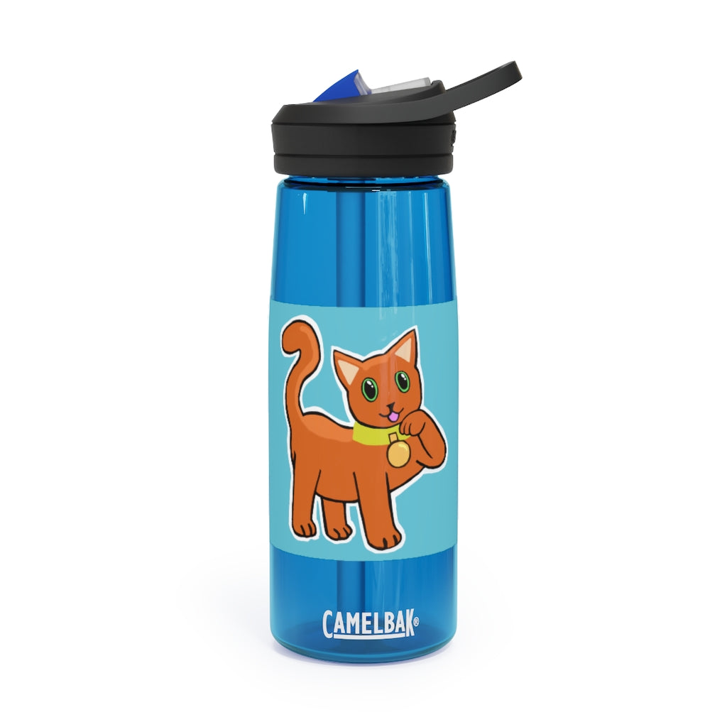 Orange Kitty CamelBak Eddy® Water Bottle in 20oz and 25oz sizes, featuring a spill-proof biting valve and easy-carry handle.